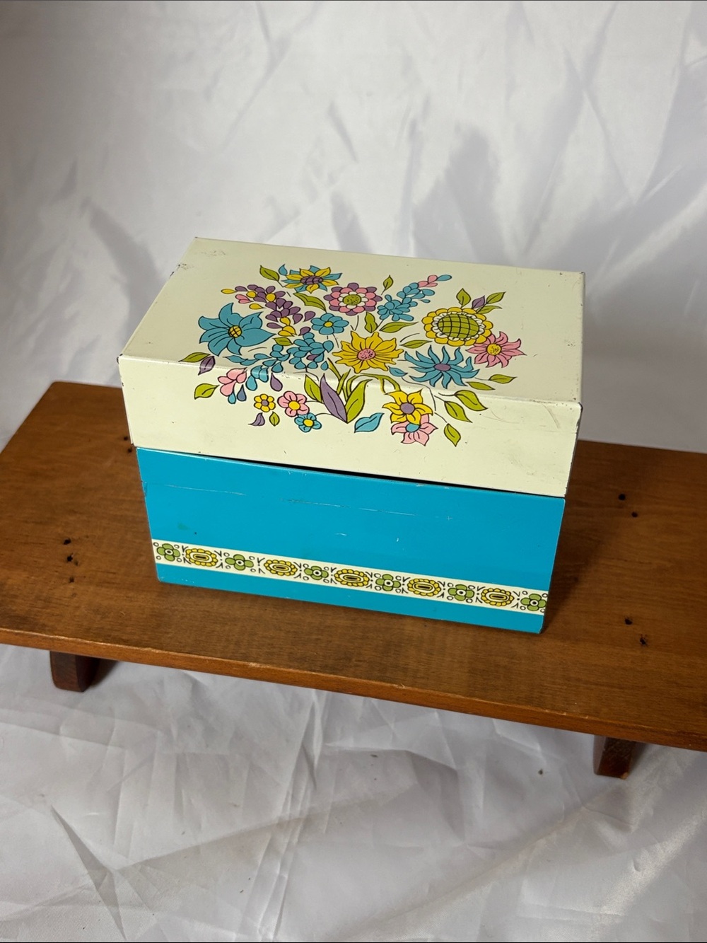 Vintage Floral Metal Recipe Box in Turquoise and Cream